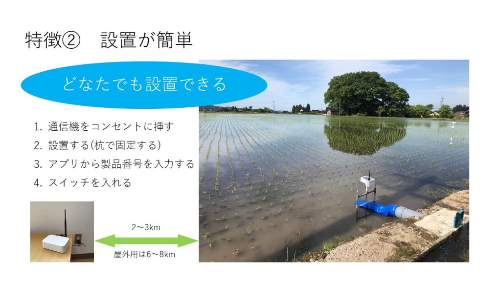特徴2設置が簡単 どなたでも設置できる 1.コンセントに指す
2.設置する(杭で固定する)
3.アプリから製品番号を入力する
4.スイッチを入れる